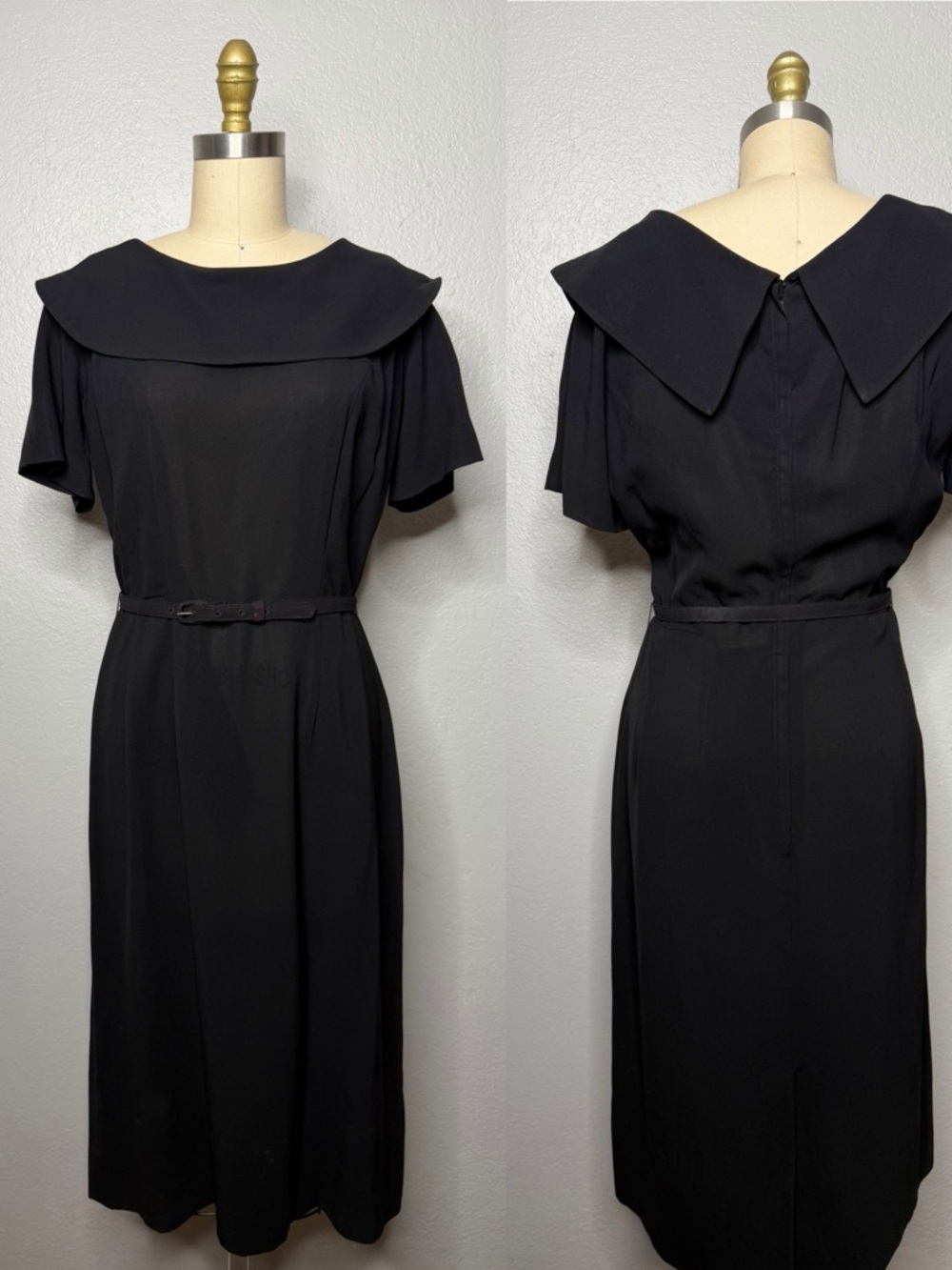 Black Vintage 1940s Belted Dress with Wide Collar